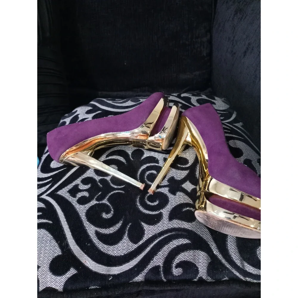 Liliana Purple Faux Suede Gold Metallic Double Platform Stiletto Pumps Heels
